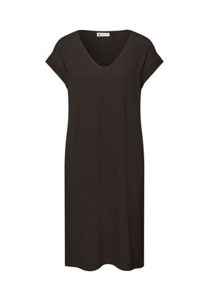 Robe courte à manches courtes, marron foncé, longueur jusqu'aux genoux, avec col en V et coupe décontractée, présentée sur un fond blanc.