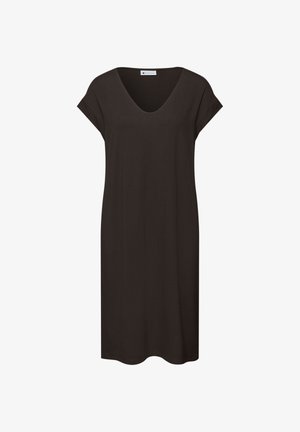 Ciemnobrązowa sukienka o krótkich rękawach, sięgająca do kolan, z dekoltem w kształcie litery V i luźnym krojem, przedstawiona na białym tle.