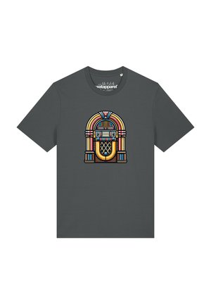 Dunkelgraues T-Shirt mit kurzen Ärmeln und einem farbenfrohen Vintage-Jukebox-Motiv mittig auf der Vorderseite.