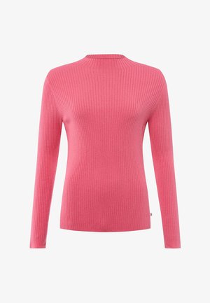 Rippstrick-Pullover mit langen Ärmeln in leuchtendem Pink, mit hochgeschlossenem Kragen und taillierter Form, aus weichem, strukturiertem Stoff.