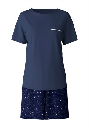 T-shirt bleu marine à manches courtes avec une poche et un accent blanc, associé à un short bleu marine à motif d'étoiles, tous deux confectionnés en tissu doux.
