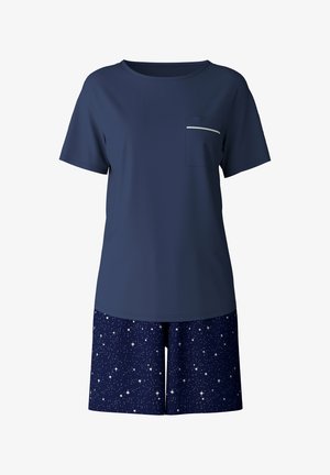 Navy blue short-sleeve t-shirt with a pocket and a white accent, paired with navy star-patterned shorts, both crafted from soft fabric.