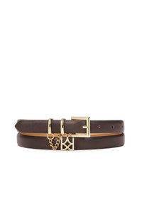 Brown leather belt with a gold-tone buckle, double-loop design, chain accent, and rectangular charm featuring a decorative pattern.