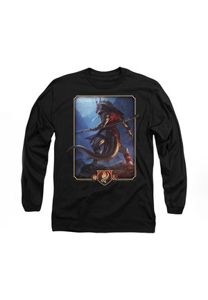 Black long-sleeve t-shirt featuring a colorful fantasy illustration of a horned humanoid with a tail, framed by a gold border.