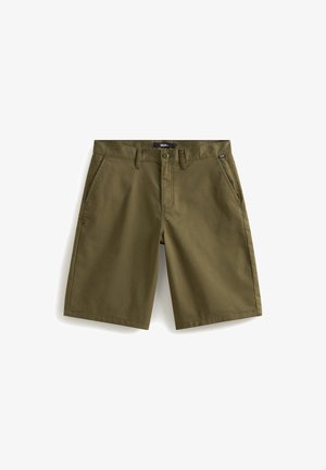 Olivgrüne Baumwollshorts mit geradem Schnitt, Gürtelschlaufen, Fronttaschen und Knopfverschluss. Glatte Textur mit minimaler Gestaltung.