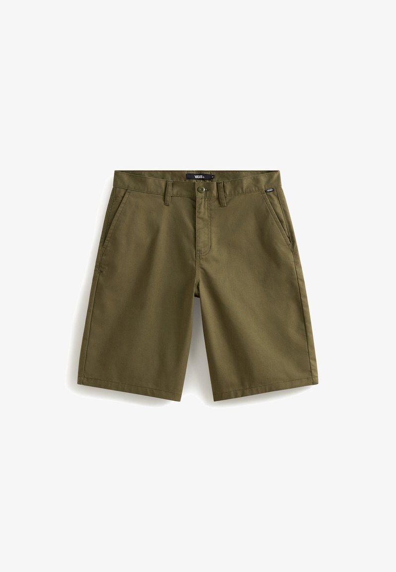 Pantaloni corti in cotone verde oliva con taglio dritto, passanti per cintura, tasche anteriori e chiusura con bottone. Tessuto liscio con dettagli minimi.