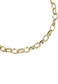 Goldene Kette mit verlängerten, ovalen Gliedern und glänzender Oberfläche. Jedes Glied ist glatt und glänzend, was ein einheitliches Erscheinungsbild erzeugt.