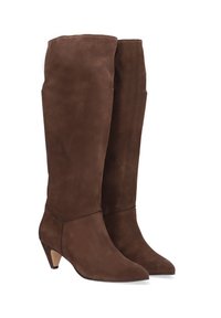 Braune Wildleder-Stiefel bis zum Knie mit einer leicht spitzen Zehenform und einem kurzen, gestapelten Absatz. Glatte Oberfläche und minimalistisches Design.