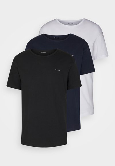 Three T-shirts stacked: black, navy, and white. Short sleeves, crew necks, cotton material, featuring a small logo on the chest.