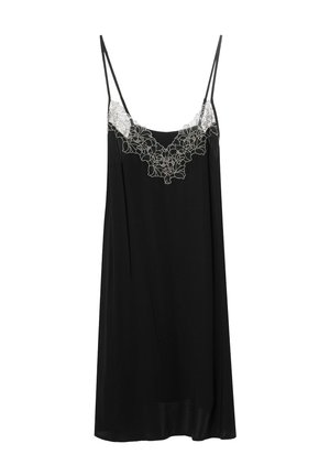 Czarna bezrękawkowa koszula nocna z delikatnym białym koronkowym wykończeniem dekoltu, o gładkiej teksturze i luźnym kroju.