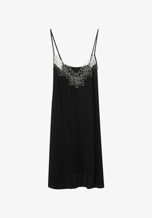 Czarna bezrękawkowa koszula nocna z delikatnym białym koronkowym wykończeniem dekoltu, o gładkiej teksturze i luźnym kroju.