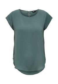 Kortärmad, teal-blus med rund halsringning och subtil textur. Har en dragkedja i ryggen och en rundad nederkant.