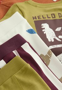 Eine Kollektion von Bekleidungsstücken in Farben wie olivgrün, weiß, burgunderrot und rost, mit unterschiedlichen Texturen und einem Grafikdesign mit Dinosauriern.