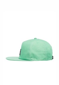 Mint green flat-brim cap made of lightweight fabric. Features a structured design, front emblem patch, and snapback closure at the rear.
