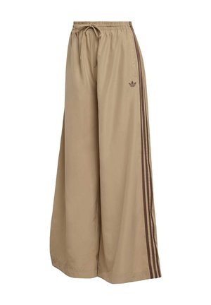 Béžové široké nohavice s elastickým pásom a sťahovacou šnúrkou. Majú hnedé bočné pruhy a jemný logotyp na ľavej strane.