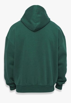 Grüne Baumwollkapuzenjacke mit weitem Schnitt, ausgestattet mit einer Kapuze, gerippten Bündchen und elastischem Saum. Glatte Textur mit minimalen Nähten.