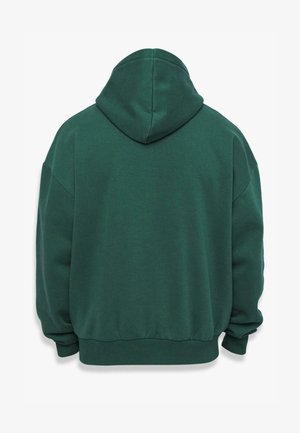 Green cotton hoodie with a spacious fit, featuring a hood, ribbed cuffs, and elastic hem. Smooth texture with minimal seams.