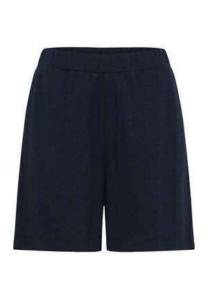 Marineblaue, knielange Freizeithosen mit elastischem Bund, geradem Saum und ohne sichtbare Taschen oder Verzierungen.