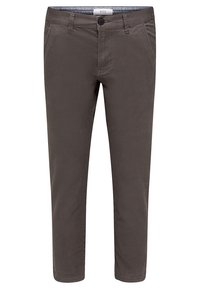 Ruskean puuvillachinot, joissa on slim fit -leikkaus. Niissä on nappikiinnitys, vyölenkit, etu- ja takataskut sekä sileä pinta.