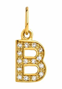 Colgante en forma de letra "B" en oro, incrustado con cristales transparentes, con una superficie texturizada y un pequeño lazo para su sujeción.
