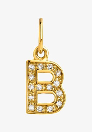 Colgante en forma de letra "B" en oro, incrustado con cristales transparentes, con una superficie texturizada y un pequeño lazo para su sujeción.
