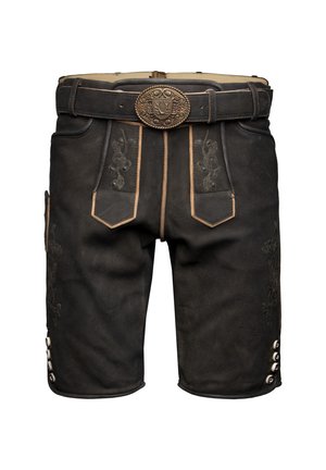 Shorts en cuir noir avec des coutures décoratives, poches latérales et une boucle de ceinture en bronze détaillée. Comprend des boutons-pression sur les jambes.