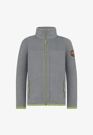 Grau Fleece-Jacke mit hohem Kragen, grünem Reißverschluss und passenden Akzenten. Verfügt über Reißverschlusstaschen und einem Patch auf der linken Schulter.