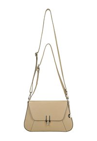 Beżowa skórzana torebka o zorganizowanej budowie, z klapką składana, srebrnymi akcentami oraz regulowanym paskiem na ramię.