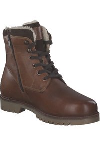Stivaletto in pelle marrone con tomaia texturizzata, chiusura con lacci e zip, foderato in pile marrone e suola robusta per una buona trazione.