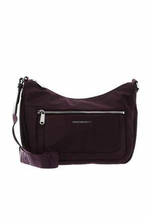 Sac à épaule violet foncé avec poche zippée avant, fermeture éclair argentée, sangle réglable et logo sur la poche avant.
