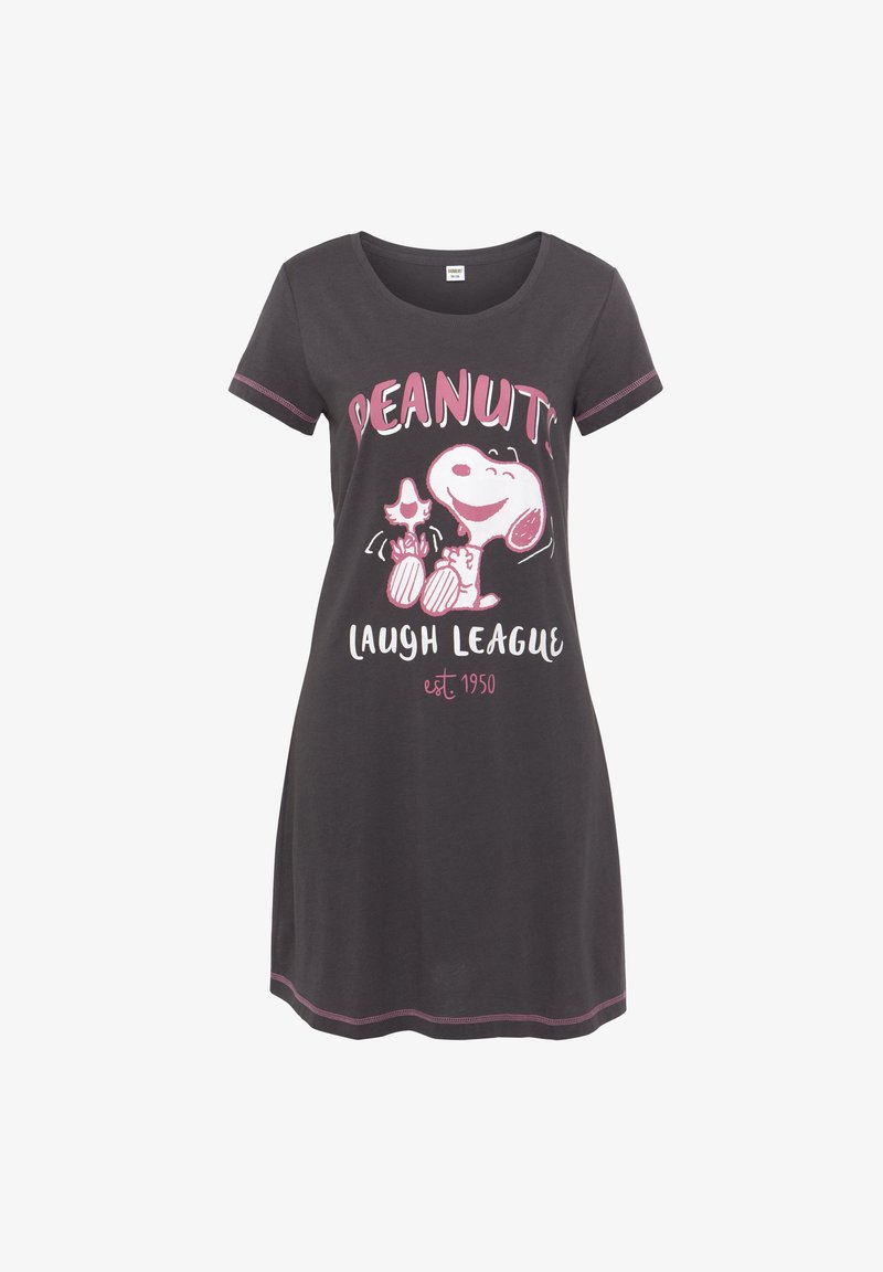 Short-sleeved, dark gray nightgown with a round neck, featuring pink cartoon Snoopy and text "PEANUTS LAUGH LEAGUE est 1950" printed.