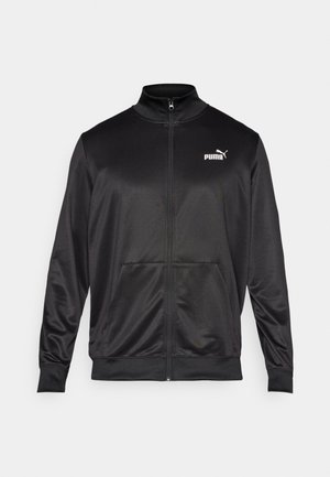 Black zip-up jacket made of smooth, shiny fabric. Features a high collar, two front pockets, and a white Puma logo on the left chest.