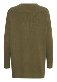 Rippstrickpullover in Olivgrün; hat eine lockere Passform, überschnittene Schultern und lange Ärmel. Die Rückseite hat ein einfaches, glattes Design.