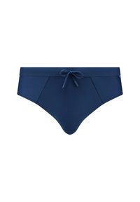 Sötétkék bikini alsó sima anyagból, megkötős elejével és oldalsó paneleivel. A dizájn magas derekú, klasszikus szabással.