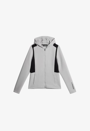 Szara rozpinana bluza z kapturem z czarnymi panelami bocznymi i akcentami. Posiada kaptur, przednie kieszenie i teksturowany materiał. Minimalistyczne elementy wzornictwa.