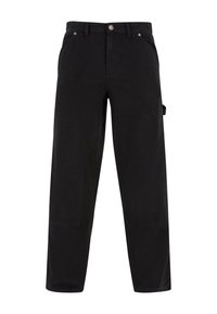 Pantalon noir à jambes droites avec poches avant, passants de ceinture, fermeture par bouton et détail boucle sur la cuisse droite.