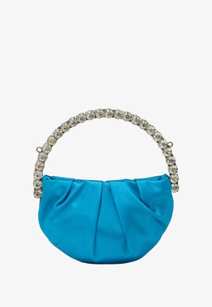 Kék selyem kézitáska redőzött kialakítással, csillogó ezüst fogantyúval, amelyet átlátszó strasszkövek díszítenek. Kompakt és elegáns forma.