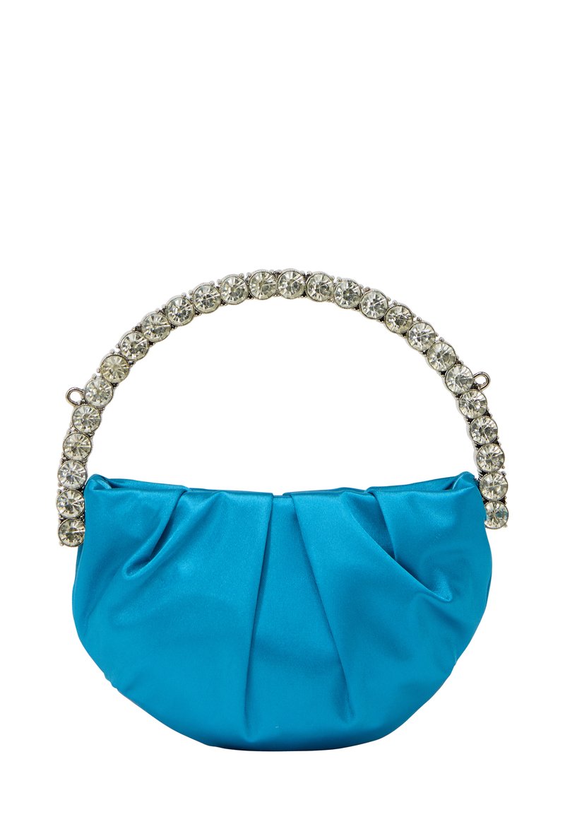 Niebieska satynowa torebka z plisowanym wzorem, z błyszczącą srebrną rączką ozdobioną przezroczystymi cyrkoniami. Kompaktowy i elegancki kształt.