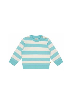 Long-sleeve baby sweater with light blue and white horizontal stripes, round neckline, and two wooden buttons on the left shoulder.