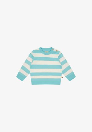 Langärmeliger Baby-Pullover mit hellblauen und weißen horizontalen Streifen, rundem Halsausschnitt und zwei Holzknöpfen an der linken Schulter.