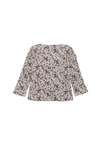 Langärmliges Oberteil aus leichtem Material mit einem cremefarbenen Grund und lila Blumenmuster. Verfügt über einen runden Halsausschnitt und leicht ausgestellte Ärmel.