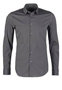 Grå långärmad skjorta med knappar i ett mjukt tyg, med en klassisk krage och fem matchande knappar fram.