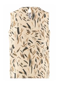 Bezramenný béžový top se abstraktními hnědými a černými tahy štětce, s klíčovou dírkou na zadní části výstřihu. Texturovaná látka.