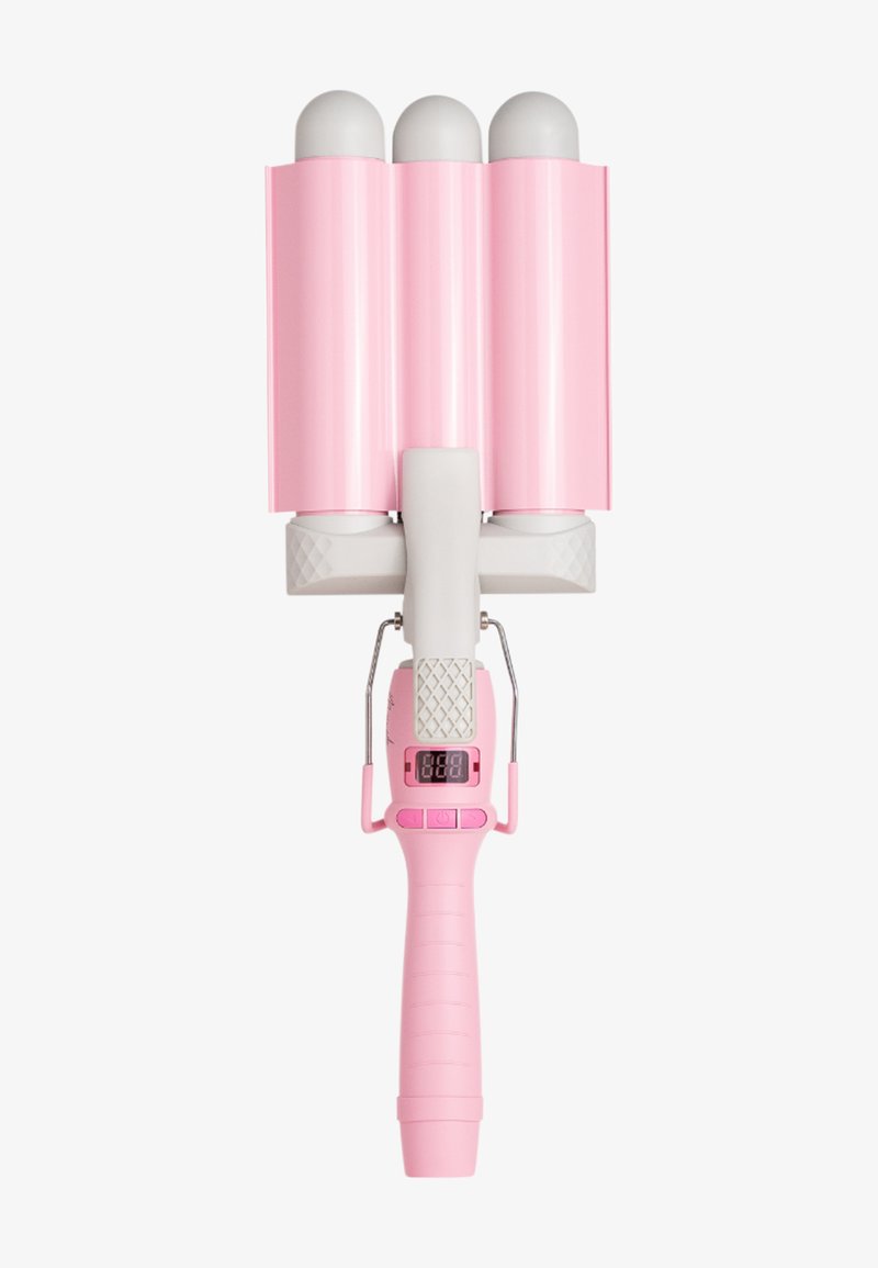 Trebørset lyserød og hvid elektrisk hårkrøller med digital temperaturvisning og ergonomisk håndtag.
