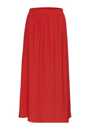Rød midi-nederdel lavet af letvægtigt stof, med elastisk talje og et bølgende, plisseret design. Glat tekstur uden synlige mønstre.