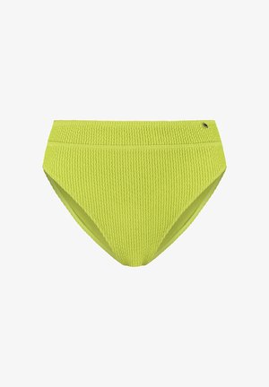 Wysokie figi bikini w limonkowo zielonym kolorze o fakturowanej powierzchni, z małym metalicznym logo po prawej stronie paska, na białym tle.