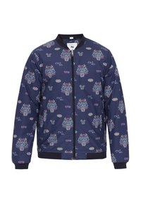 Giacca bomber navy con un motivo grafico floreale e animale colorato, chiusura frontale con zip, polsini e orlo a coste neri, realizzata in materiale sintetico.
