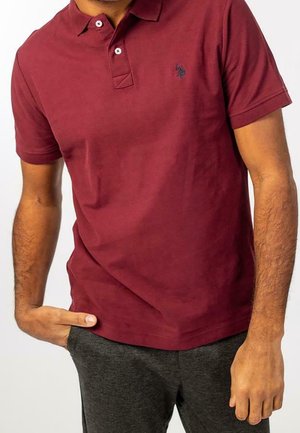 Man in een kastanjebruine poloshirt met korte mouwen en twee knopen, donkere grijze broek, staand met één hand in zijn zak.