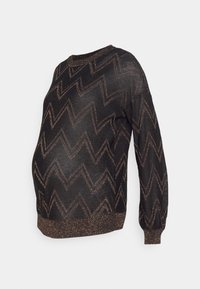 Maglione premaman nero a maglia con motivo zigzag in bronzo metallizzato. Presenta un collo rotondo e polsini e orlo a costine.
