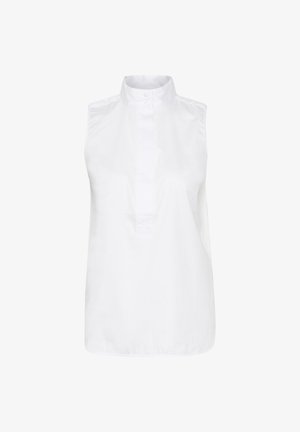 Witte mouwloze blouse met een staande kraag, knoopsluiting aan de voorkant en een gladde, lichte stof. Eenvoudig ontwerp zonder patronen of accenten.